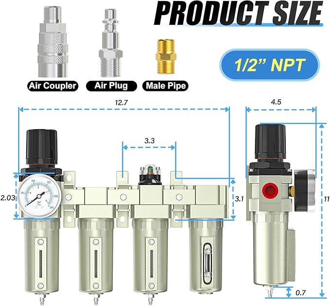 1/2" NPT Heavy Duty Industrial Grade 4 Stage Air Drying System,Coalescing Filter,Double Particulate Filter,Desiccant Dryer and Air Regulator,Manual Drain,For Plasma Cutter and Paint Spray - AquaVibe