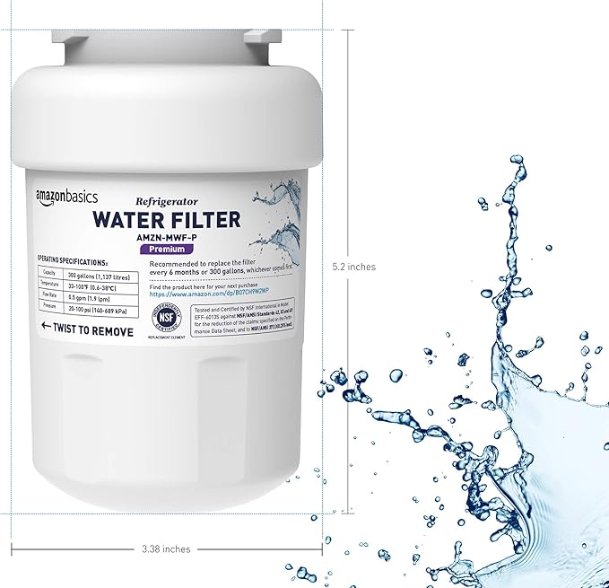 Amazon Basics Replacement GE MWF Refrigerator Water Filter for Filtration, NSF Certified, Compatible with GE and Kenmore, Premium Filtration, Easy to Install, Pack of 3