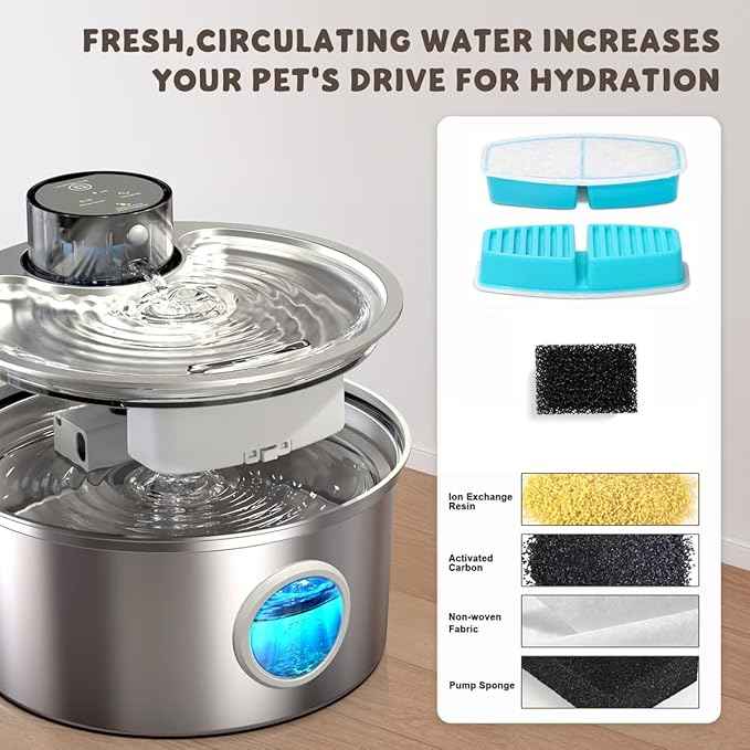 Casfuy PWL-003 Smart Motion Sensor Cordless Stainless Steel Dog & Cat Water Fountain, 108-oz