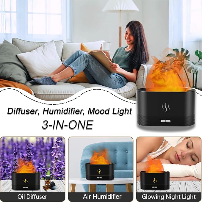 Essential Oil Diffuser, Flame Air Humidifier with Fire Led Light - 2 Rightness, 180mL Capacity (8 Hours), Auto-Off Protection Air Diffuser for Home Bedroom Office Gifts(White)