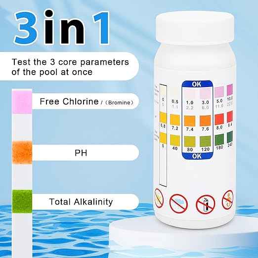 Pool Test Strips - 3-in-1 Pool Water Testing Kit for Chlorine/Bromine, pH, Alkalinity - Easy and Accurate Hot Tub Test Strips for Swimming Pools & Spas - 50 Strips