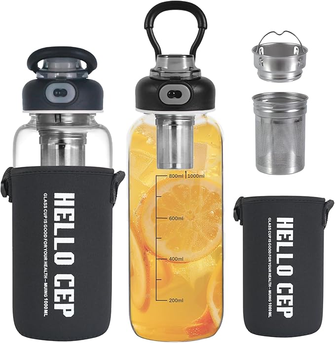 34oz Glass Water Bottle with capacity Mark & Stainless Steel Tea Strainer-Large Capacity for Hot/Cold Drinks,Coffee,Tea,and Water-Includes Protective Sleeve,Perfect for Home,Office (34oz2PCS)