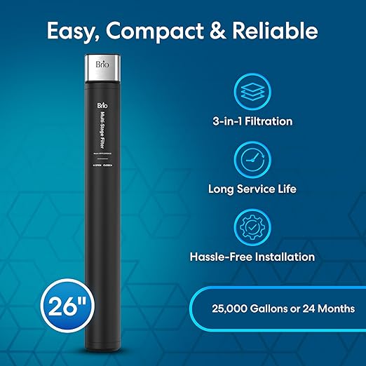 Brio 26" Under Sink Water Filter System for Kitchen & Bathroom Faucet | 3-Stage Single Housing 0.5 Micron Filters PFAS, Chlorine, Lead, Mercury+ | 25,000 Gallons/2 Years | NSF/ANSI 42 & 372 Certified