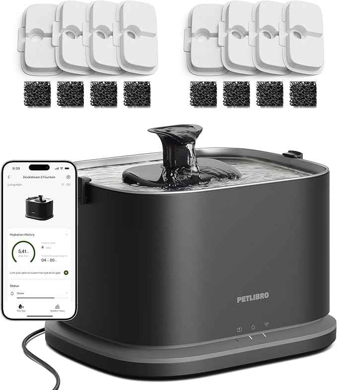 PETLIBRO Upgrade Cat Water Fountain + 8 Packs Filters, Dockstream 2 Smart App Monitoring Pet Water Fountain for Cats Indoor, 3L/101oz Cat Fountain Stainless Steel Tray for Drinking, 5G WiFi