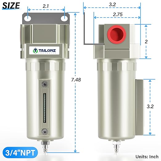 TAILONZ PNEUMATIC 3/4" NPT Industrial Grade Heavy Duty Particulate Air Filter with Metal Bowl - Paint Spray Compatible, Manual Drainage System - AquaVibe