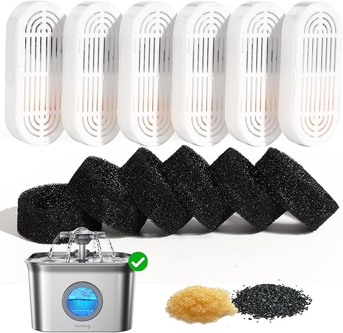 6 Pack Replacement Filters + 6 Pump Sponges for Feelneedy Cat Water Fountain [FN-W22] - 99oz/2.8L Pet Water Fountain Filters