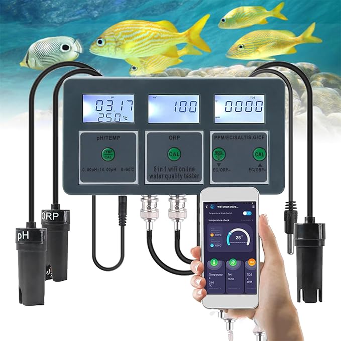 8-in-1 Water Quality Tester, PH/EC/TDS/Salt/S.G/CF/ORP/Temperature Water Quality Monitor, WiFi Smart Wall-Mounted Water Detector for Fish Tank, Aquarium