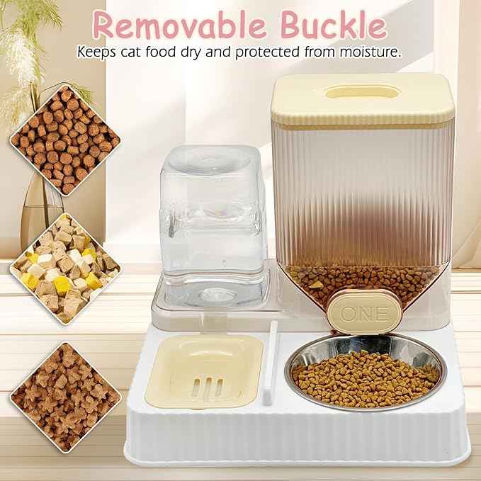 Fhiny Gravity Cat Feeder & Water Dispenser, 2 in 1 Automatic Puppy Waterer Removable Stainless Steel Food Bowls Set Self Feeding Pet Food Storage for Cat Kitten Puppy Easy Clean (Yellow)
