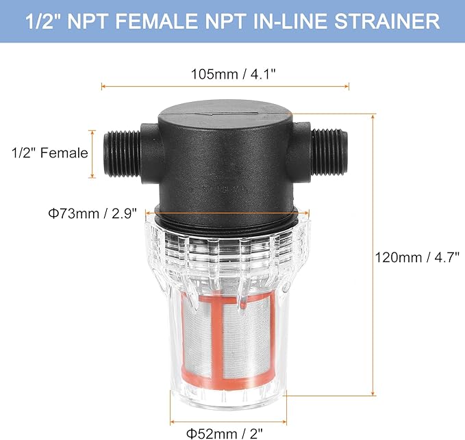 uxcell Pressure Washer Filter 1/2" NPT Female Thread, Inline Mesh Strainer Attachment, Outlet for Pipe Strainer, Stainless Steel Screen with Sealant Tape (Size:200 Mesh)