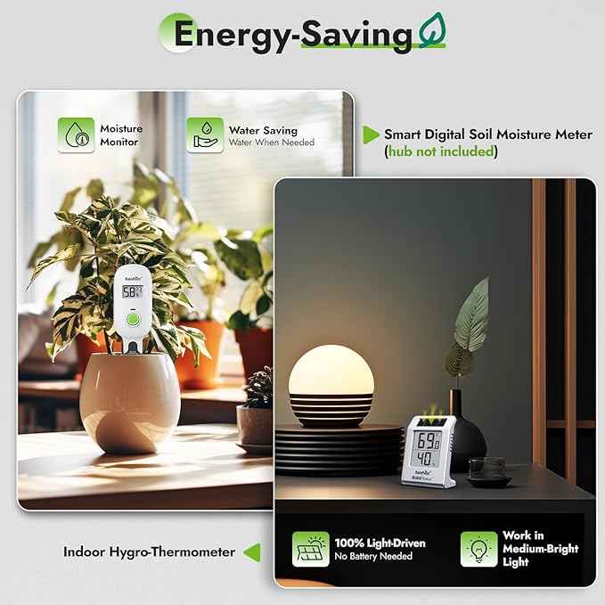 RAINPOINT Light-Driven Thermo-Hygrometer & Smart Digital Wireless Soil Moisture Meter (WiFi Hub Needed) Kit, Real-time Monitor Sensor Gardening Plant Care Essentials - AquaVibe