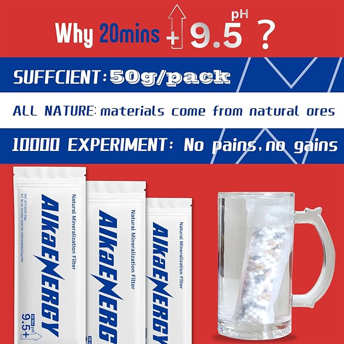 AlkaEnergy 3-Pack Alkaline Water Filter Pouches|pH 9.5, Boosts Water pH, Adds Essential Minerals for Hydration & Wellness| for Bottles & Jugs (50g/pack)