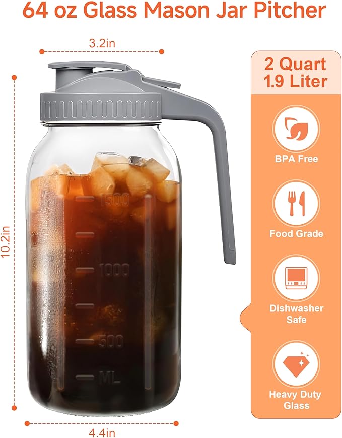 64oz Large Glass Pitcher with Lid & Spout,2 Quart Breastmilk Pitcher Upgraded Leak Proof, for Sun Tea, Iced Juice, Cold Brew Coffee, Breastmilk Storage Container-4PACK(Black+Gray+Pink+Green)