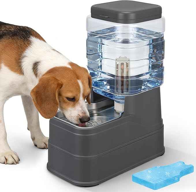 Automatic Dog Water Dispenser Gravity Stainless Steel Water Feeder Cat Waterer Feeder with Wide Mouth Bowl for Small Medium Dog Puppy Kitten (Filter &Ice Pack Included) 1.6Gallon Gray