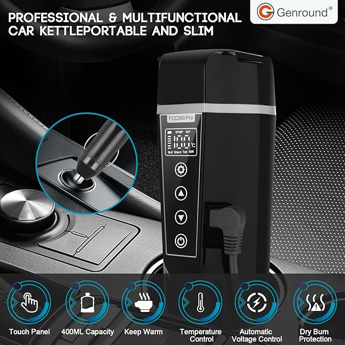 Car Electric Kettle,Electric Heated Travel Mug,400ml Portable Water Boiler Heated Mug,40-100℃ Temperature Adjustable,Car Coffee Warmer Car Heating Cup