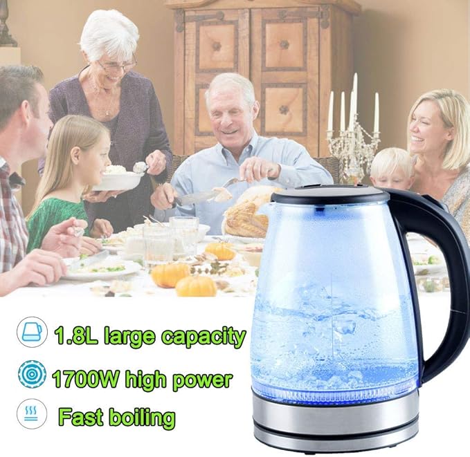 Kettles,Glass Electric Kettle, 1.8L Eco Water Kettle with Illuminated Led, Cordless Water Boiler with Stainless Steel Inner Lid Base