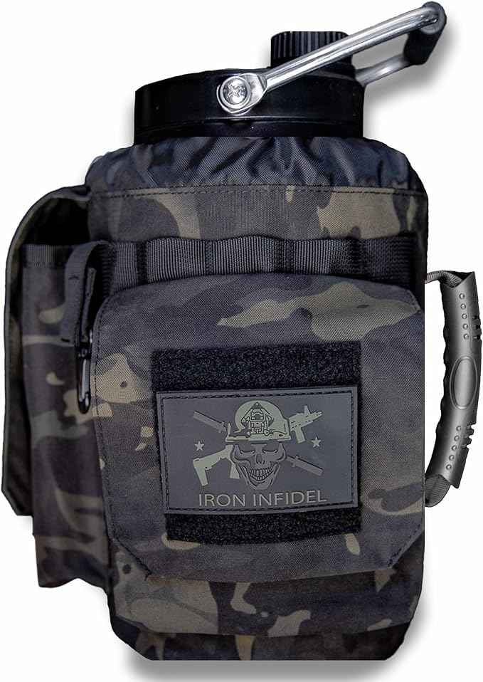 Iron Infidel Battle Bottle - One Gallon Insulated Water Bottle with Dual Carry Handles - 128 oz Tactical Stainless Steel Water Jug & Rugged Extra Large Sleeve with Storage (Black Camo 128 Ounces)