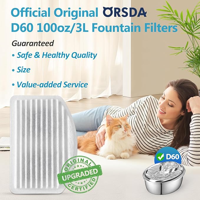 ORSDA Cat Water Fountain Filters, 6 Pack Replacement Carbon, Resin Filters ONLY for D60 100oz/3L Automatic Pet Fountain Cat Water Fountain Dog Dispenser