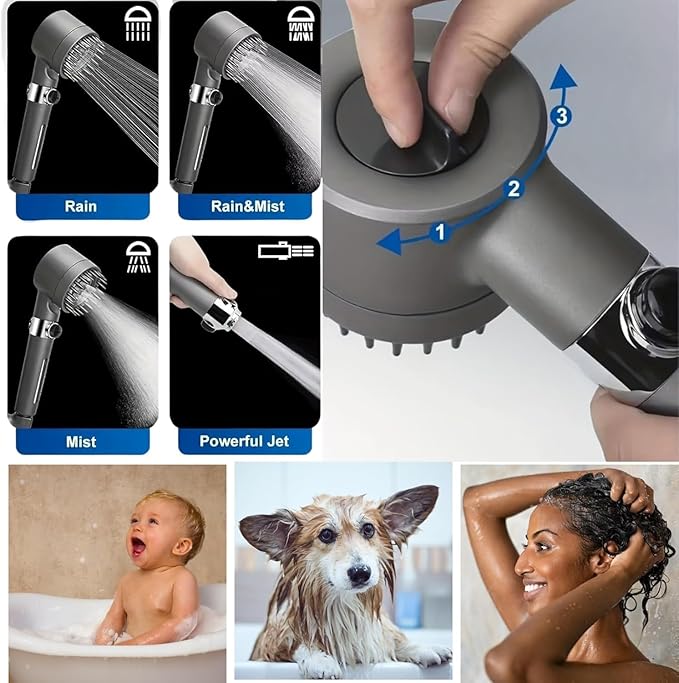 Ion Shower Drops Head Filtered Showerhead With Five Filters,Filtered Shower Head With Handheld,High Pressure Turbo Showerhead,Reusable,Adjustable Settings With Hose (Gray)