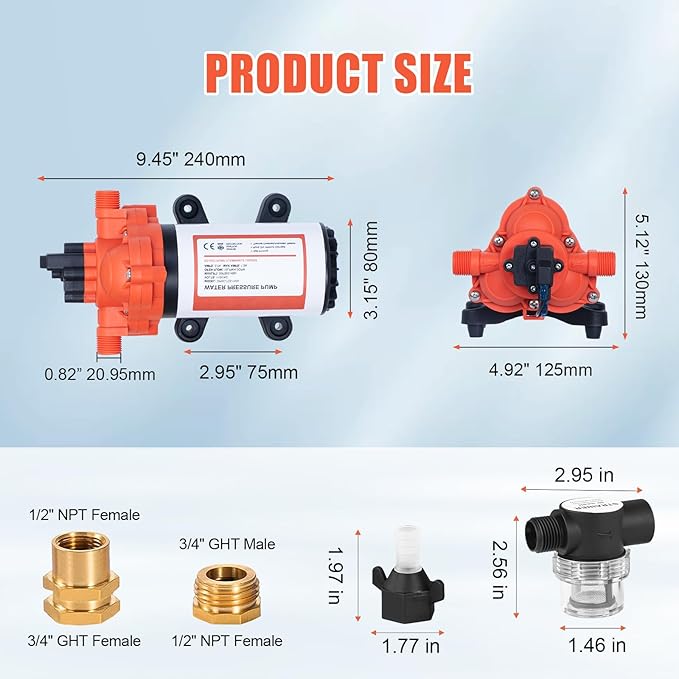 110V Water Pressure Pump 4.0GPM 50PSI AC Power On Demand Electric Self-Priming Water Transfer Diaphragm Pump Include 3/4" Garden Hose Adapters for Home Kitchen Bathroom Irrigation Camper Industrial