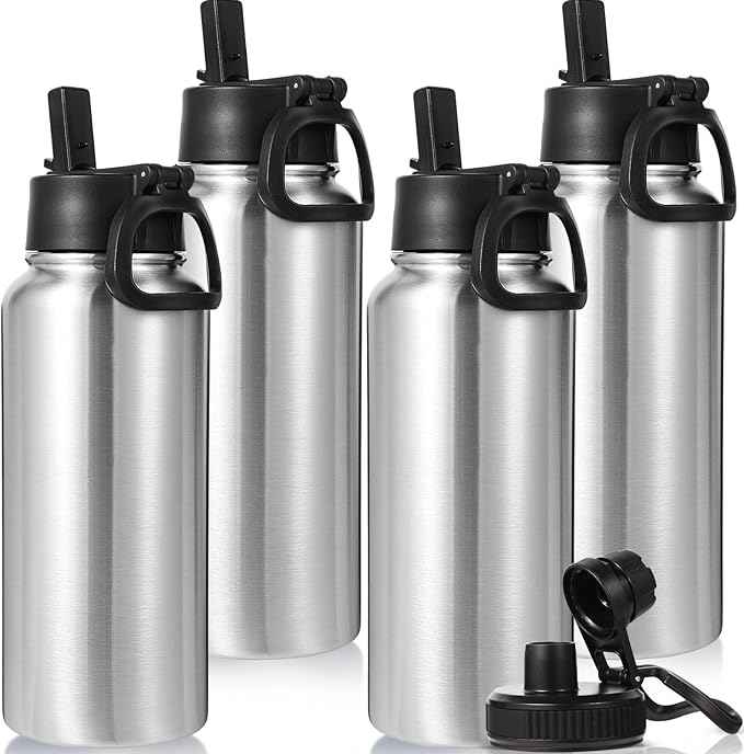 Neihepal 32 oz Insulated Water Bottles Bulk with 2 Lids (Straw & Spout Lid), Stainless Steel Double Wall Water Bottle, Keeps Cold 24H & Hot 12H (Silver,4 Pack)