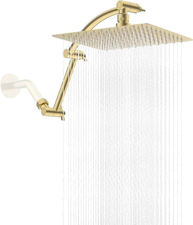 Hibbent All Metal cUPC Certified Rain Shower Head, 10'' High Pressure Rainfall Showerhead with 16" Shower Head Extension Arm, Brass Adjustable Shower Arm Extender, fixed Showerheads, Brushed Gold