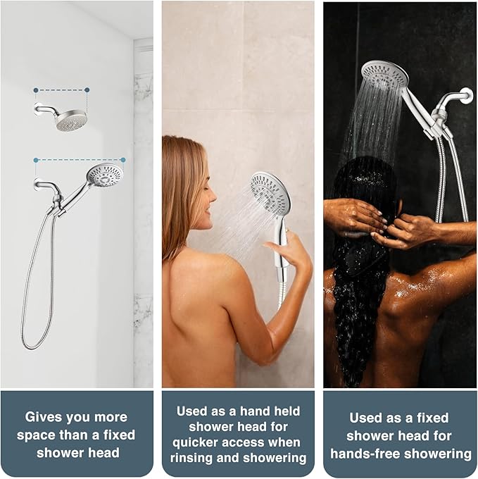 BRIGHT SHOWERS 9 Spray Settings Shower Head with Handheld High Pressure Brushed Nickel Hand Held Showerhead with 60 Inch Stainless Steel Hose and Adjustable Overhead Bracket - AquaVibe