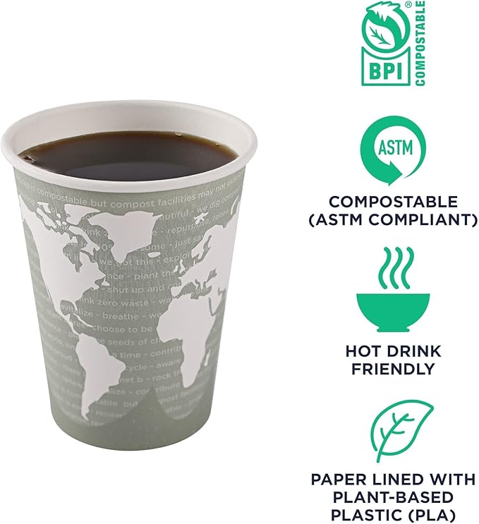 ECO PRODUCTS Compostable Disposable World Art 12oz Large Coffee Cups, Pack of 50, Renewable Hot Paper Cup, Plant Based PLA Lining, Color Coded