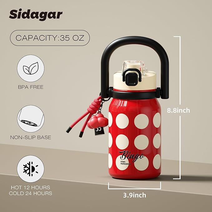 32 oz Insulated Water Bottle for Women with Straw & Handle, 316L Medical Grade Stainless Steel Vacuum Tumbler, Leakproof Stylish Sports Flask for Gym & Travel, Vintage Polka Dot - Rose Red