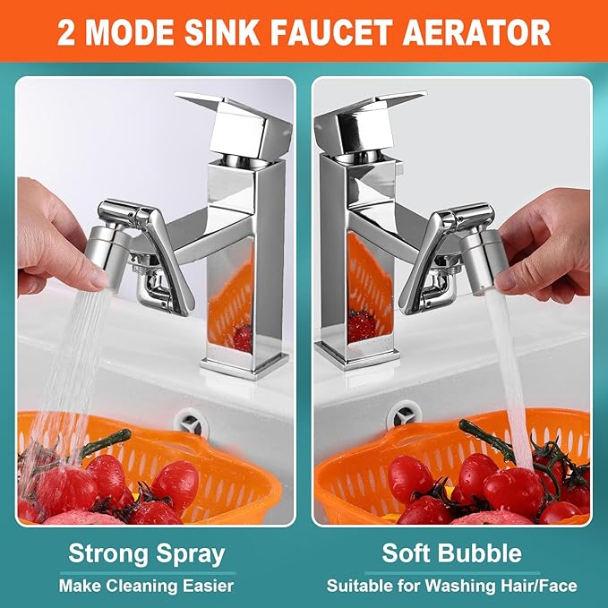 Spurtar 2 PCS 1440° Sink Faucet Extender for Toddlers in Bathroom Kitchen, Silver Rotatable Faucet Aerator Swivel Water Attachment, Tap Head Replacement,for G 1/2", 55/64",15/16"