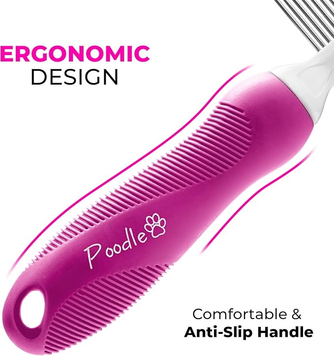 Poodle Pet Detangling Pet Comb with Long & Short Stainless Steel Teeth for Removing Matted Fur, Knots & Tangles – Detangler Tool Accessories for Safe & Gentle DIY Dog & Cat Grooming (Pink) - AquaVibe