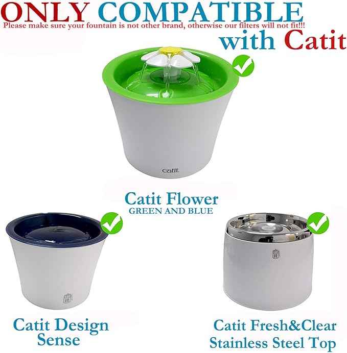 12 Pack Replacement Filters Compatible with Catit Flower Fountain/Stainless Steel, No Plastic Case, 40% More Activated Carbon, Dual-Action Design