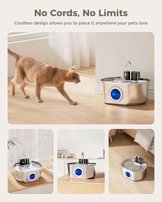 Cat Water Fountain Stainless Steel - Wireless 3.2 L/108 oz Battery Operated Automatic Pet Drinking Fountain for Cats - Cordless Water Dispenser with 4000 mAh Rechargeable Battery (1 Filter)