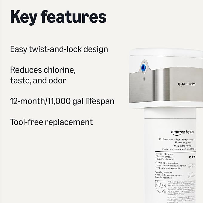 Amazon Basics Under Sink Water Filter System, NSF/ANSI 42 & 372 Certified, Easy Twist-and-Lock Design, 11,000 Gallons, 1 Year Service Life, White