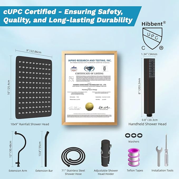 Hibbent cUPC Certified High Pressure 10'' Rainfall Shower Head, Showerhead Combo with 4-mode Handheld Spray, Adjustable Extension Arm, Extension Bar, Easy Reach Holder, 71'' Hose, Oil Rubbed Bronze