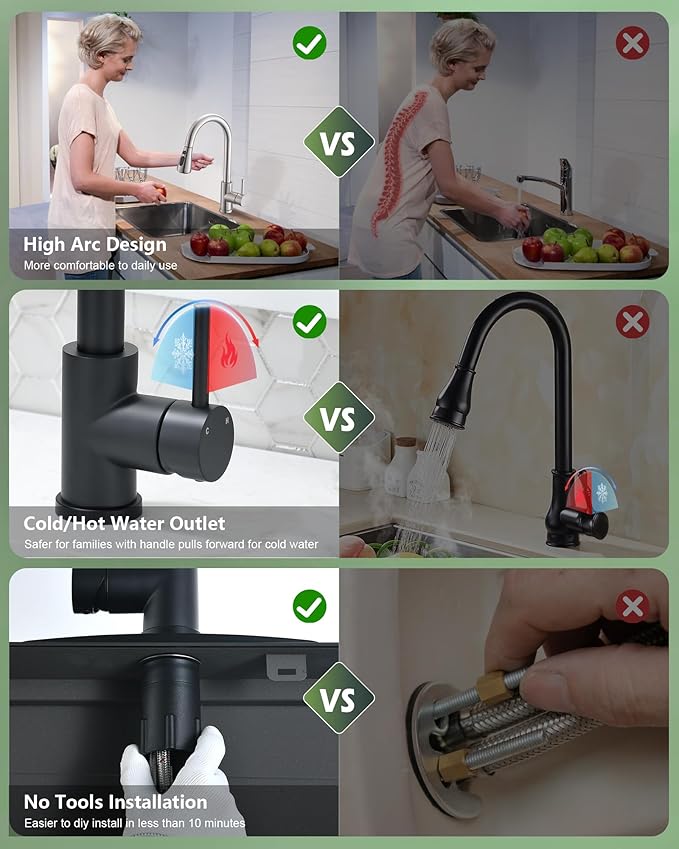 Black Kitchen Faucet with Pull Down Sprayer, VFAUOSIT Industrial Commercial Stainless Steel Single Handle Single Hole 3 Hole RV Laundry Pull Down Pull Out Gooseneck Kitchen Sink Faucets Matte Black