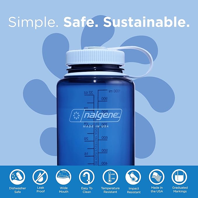 Nalgene Water Bottle - Lightweight Sustain Tritan BPA-Free Shatterproof Bottle for Backpacking, Hiking, Gym, 32 OZ, Wide Mouth, Indigo