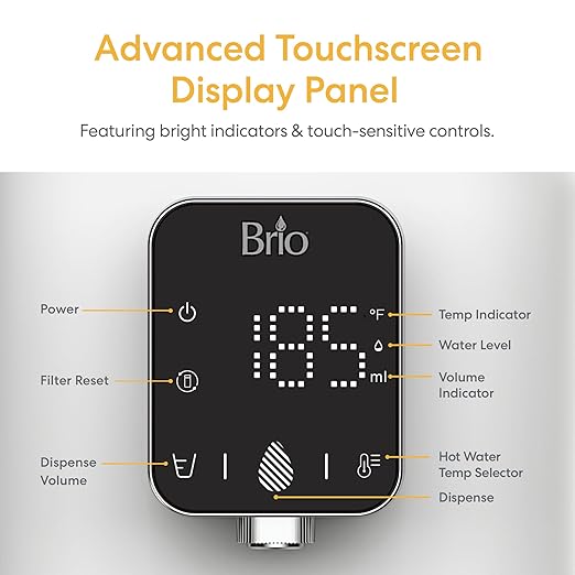 Brio SIMPL Countertop Water Dispenser, 3 Stage Water Filter & Adjustable Instant Hot Water | Easy Access Refillable 2.5L Tank | Tall 8.5" Dispense Height, LED Touch Controls, White