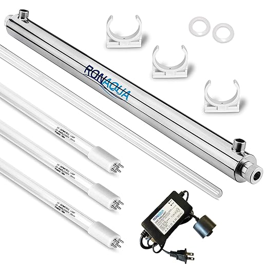 Ronaqua 55W Whole House UV Light Water Purifier, 12 GPM, 3/4'' MNPT Ports - Includes 2 Free Replacement Bulbs, Long-Lasting Performance, Ideal for Well & City Water