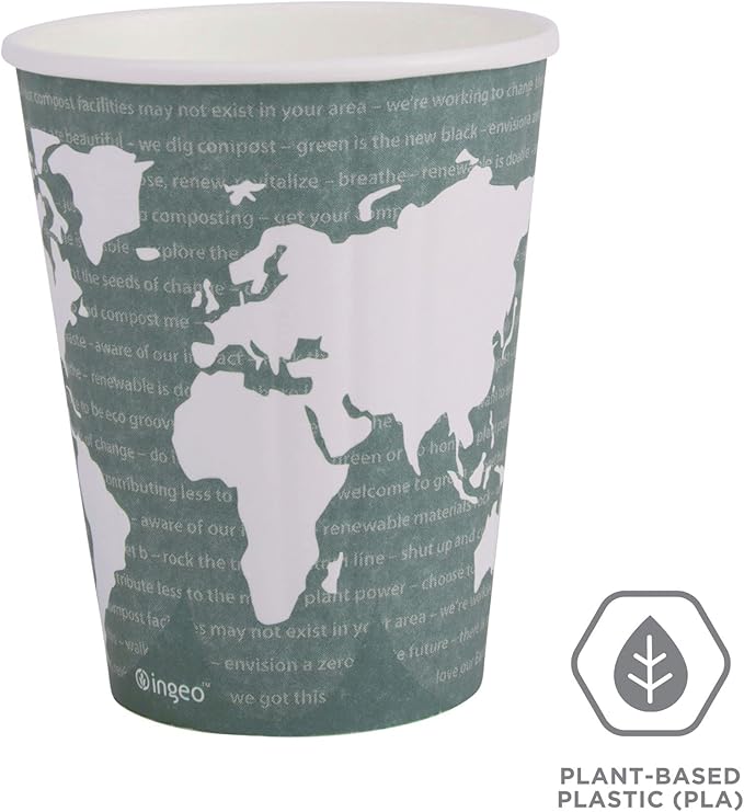 ECO PRODUCTS Compostable Disposable Insulated World Art 12oz Coffee Cups, Case of 600, Renewable Double-wall Hot Paper Cup, Plant Based PLA Lining, No Sleeves Needed, Color Coded