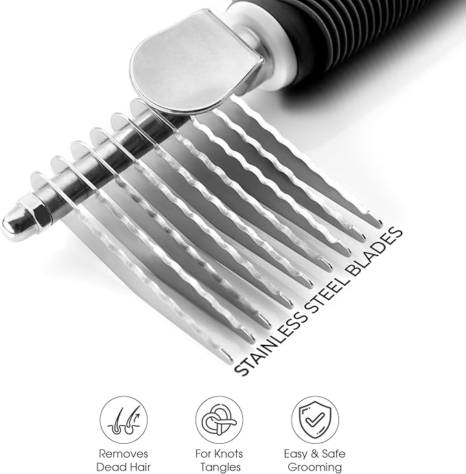 Poodle Dematting Fur Rake Comb Brush for Dogs and Cats - Long 2.5" Steel Safety Blades Metal Comb for Detangling Matted or Knotted Undercoat Hair - AquaVibe