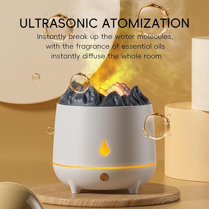 Volcano Flame Diffuser, Aromatherapy Essential Oil Diffuser, 400ml Ultrasonic Cool Mist Humidifier for Bedroom,Office,Home,Yoga, Timer & Auto Shut-Off, Colorful Ambient Night Light (White)
