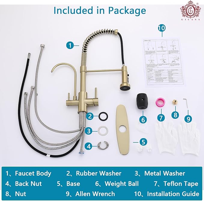 Commercial 3 in 1 Spring Brushed Gold Kitchen Faucet, High Arc Single Hole Pull Down Sprayer Kitchen Sink Faucet, RO System Water Filter Faucet Integrated into Kitchen Faucet