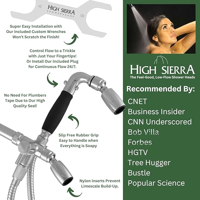 High Sierra® Lead-Free Metal 3-way Combination Shower Kit. Built in Diverter Valve Effortlessly Diverts Flow from the Fixed Shower Head to the Handheld and back - Ultra Low Flow 1.25 GPM - Chrome
