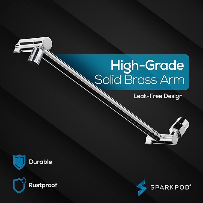 SparkPod Square Rain Shower Head with Shower Head Extension Arm - High Pressure Rain - Luxury Modern Look - No Hassle Tool-less 1-Min Installation (16" Shower Arm Extension, Luxury Polished Chrome)