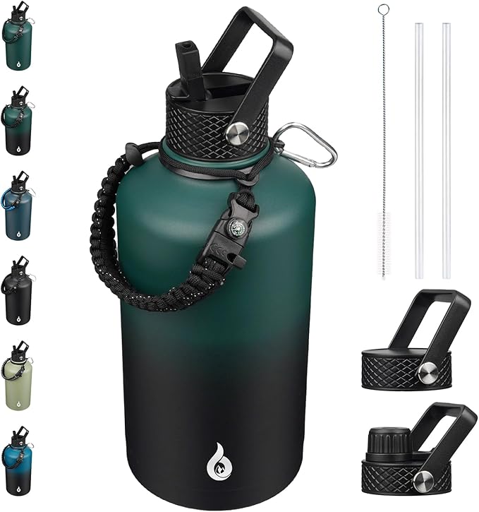 BJPKPK 2/3 Gallon Water Bottle with Straw Lid, 87oz Large, Stainless Steel Water Bottles with 3 Lids and Paracord Strap, Double Wall Vacuum Metal Jug, Army Green & Black