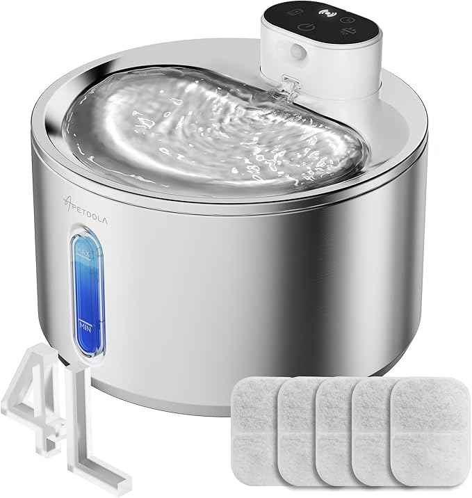 Cat Water Fountain Stainless Steel,135fl-oz/4L Wireless Cat Fountain Battery Operated Pet Fountain with 5 Filters for Dogs Cats Indoor