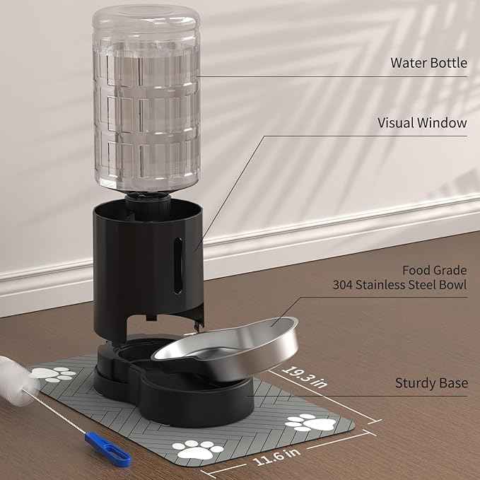 Cat Water Dispenser with Placemat and Stainless Steel Bowl, Automatic Gravity Water Dispenser for Cats or Small Medium Size Dogs, Large Capacity, Easy to Clean and Safe for Pets (4L Black)