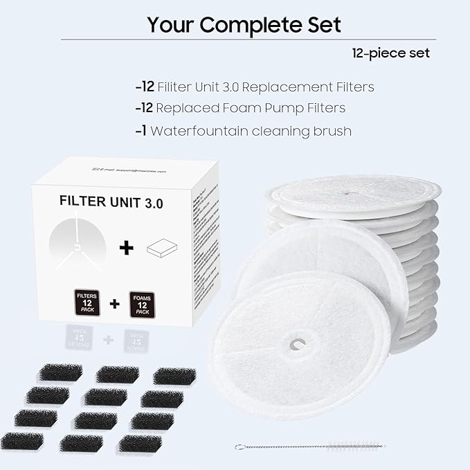 12 PCS Filter Unit 3.0 Pet Cat Kit Water Fountain Filters 2026 New Fit For E versweet Solo 2/Solo SE, E versweet 3 Pro/2S/3, Including Replacement Filters and Replaced Foam Pump Filter (12 pcs)