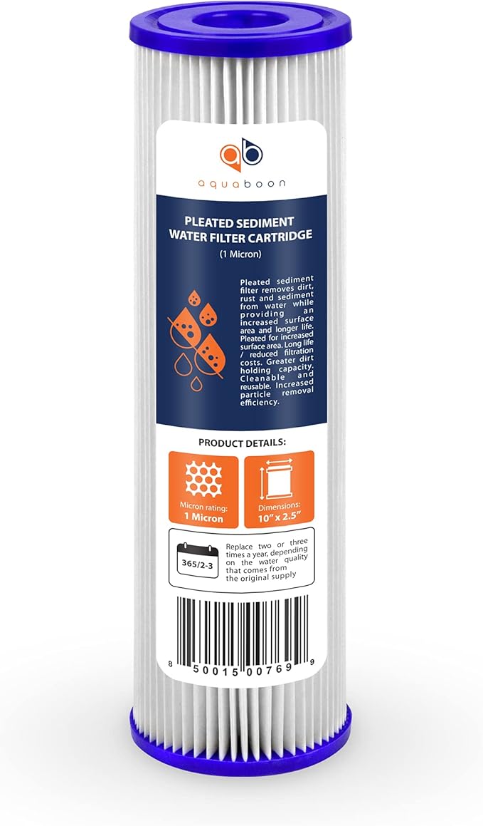 Aquaboon 1 Micron Pleated Water Filter 10 x 2.5 - Whole House Sediment Filter Replacement Cartridge Compatible with WFPFC3002, WHKF-WHPL, 4-Pack