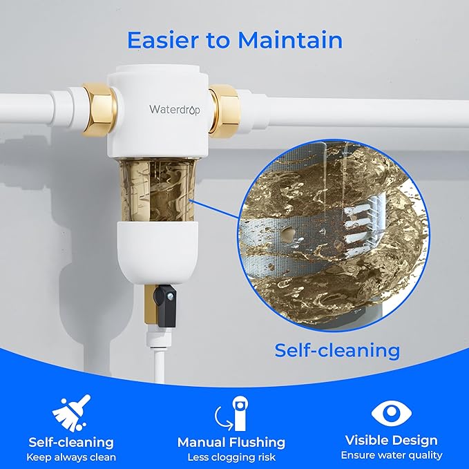 Waterdrop 15UA Under Sink Water Filter System, Under Counter Water Filter Direct Connect to Kitchen Faucet, and Waterdrop Spin Down Sediment Filter, Reusable Whole House Water Filter System 50 Micron